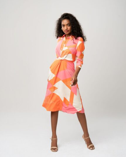 Twisted Tie Linen Pink/White Printed Dress