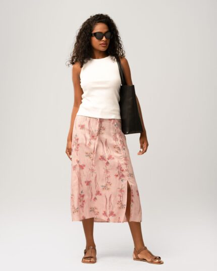 Long Cotton Printed Skirt Pink
