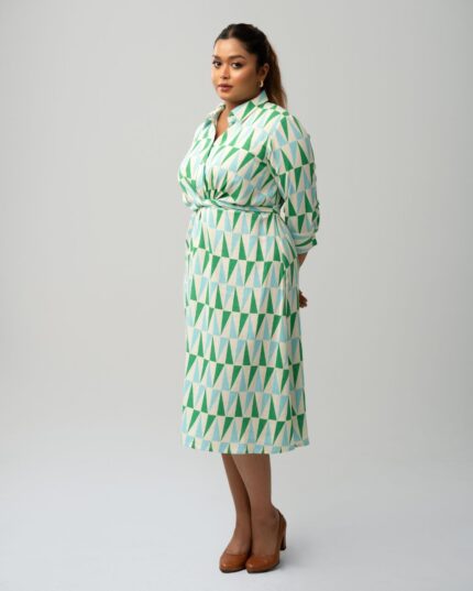 Twisted Tie Linen Green/White Printed Dress