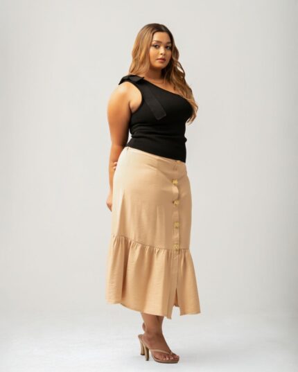 Brown Button Front Tiered Skirt