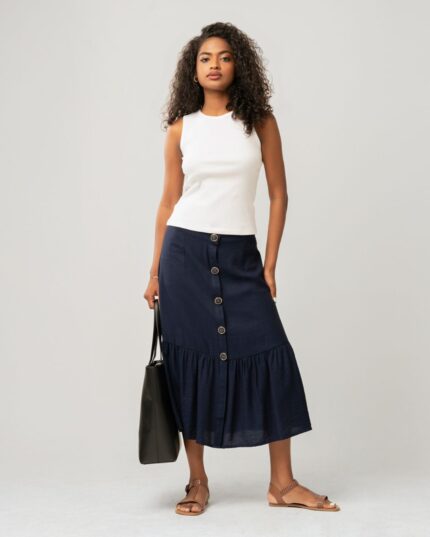 Navy Button Front Tiered Skirt