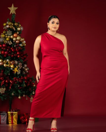 Red One Shoulder Linen Dress